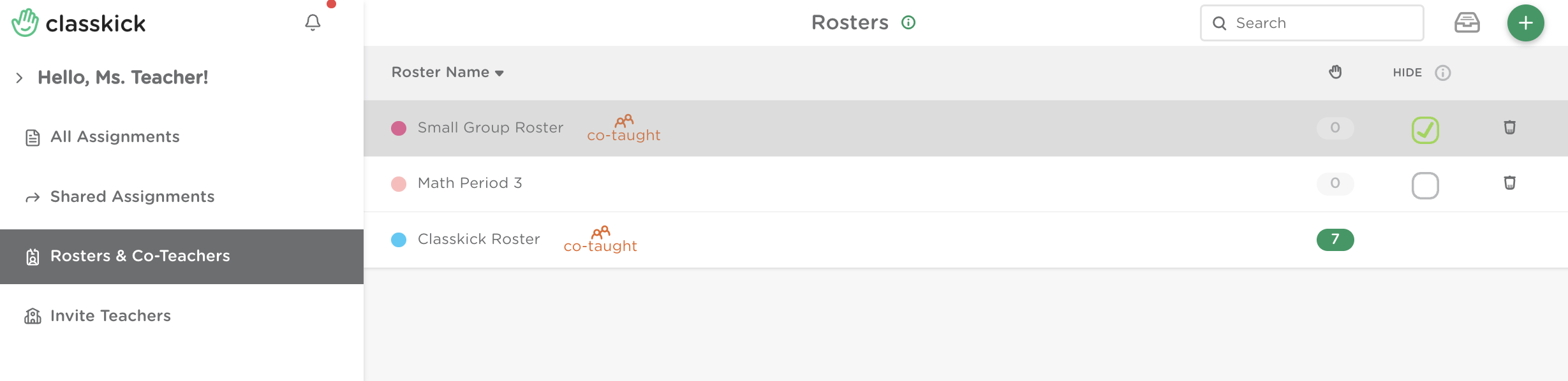 Classkick web dashboard showing the Hide checkbox next to a roster.