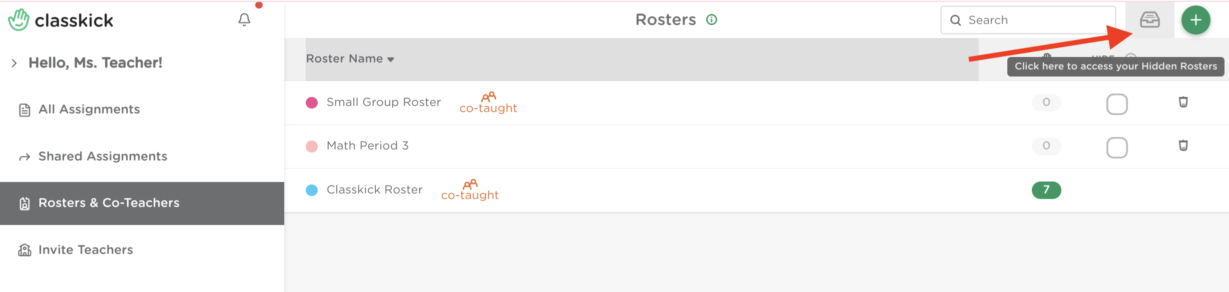 Classkick web dashboard showing the Hidden Rosters icon.