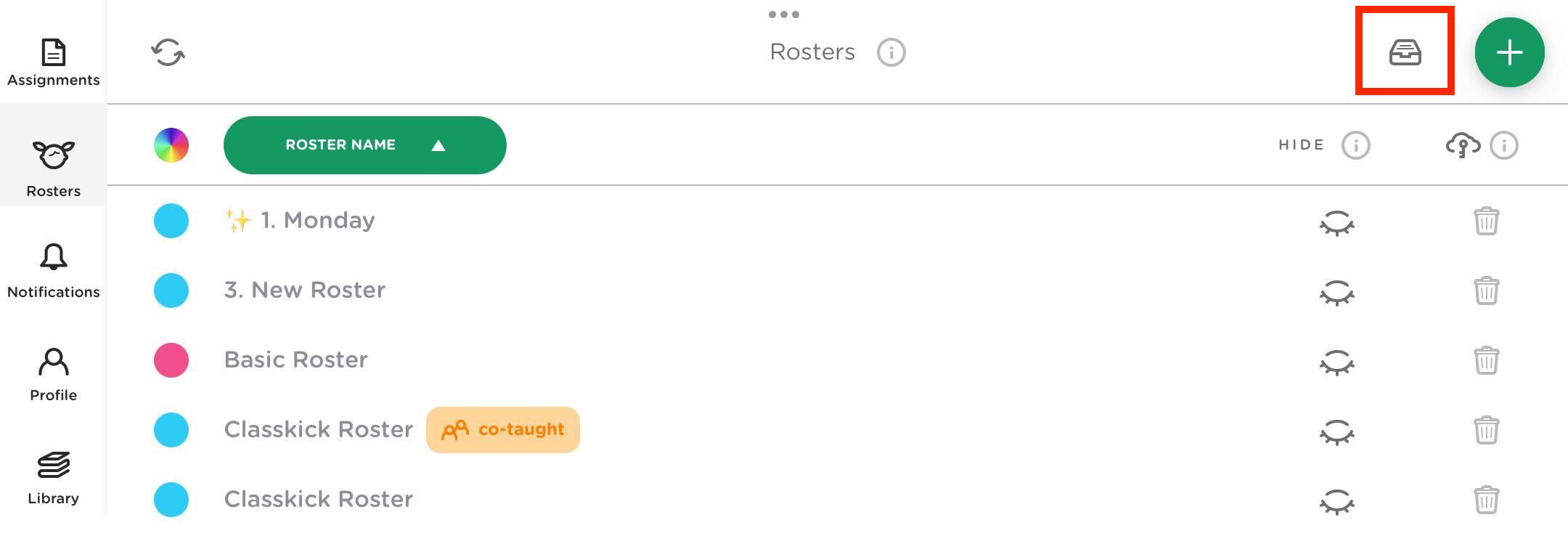Classkick iPad app showing the Hidden Rosters icon.
