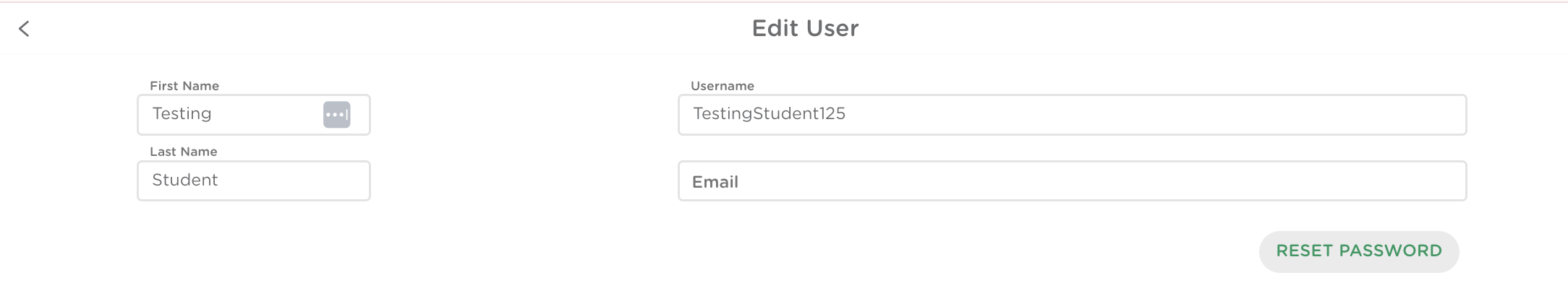 A student profile where a teacher can edit first name, last name, username, or email address.