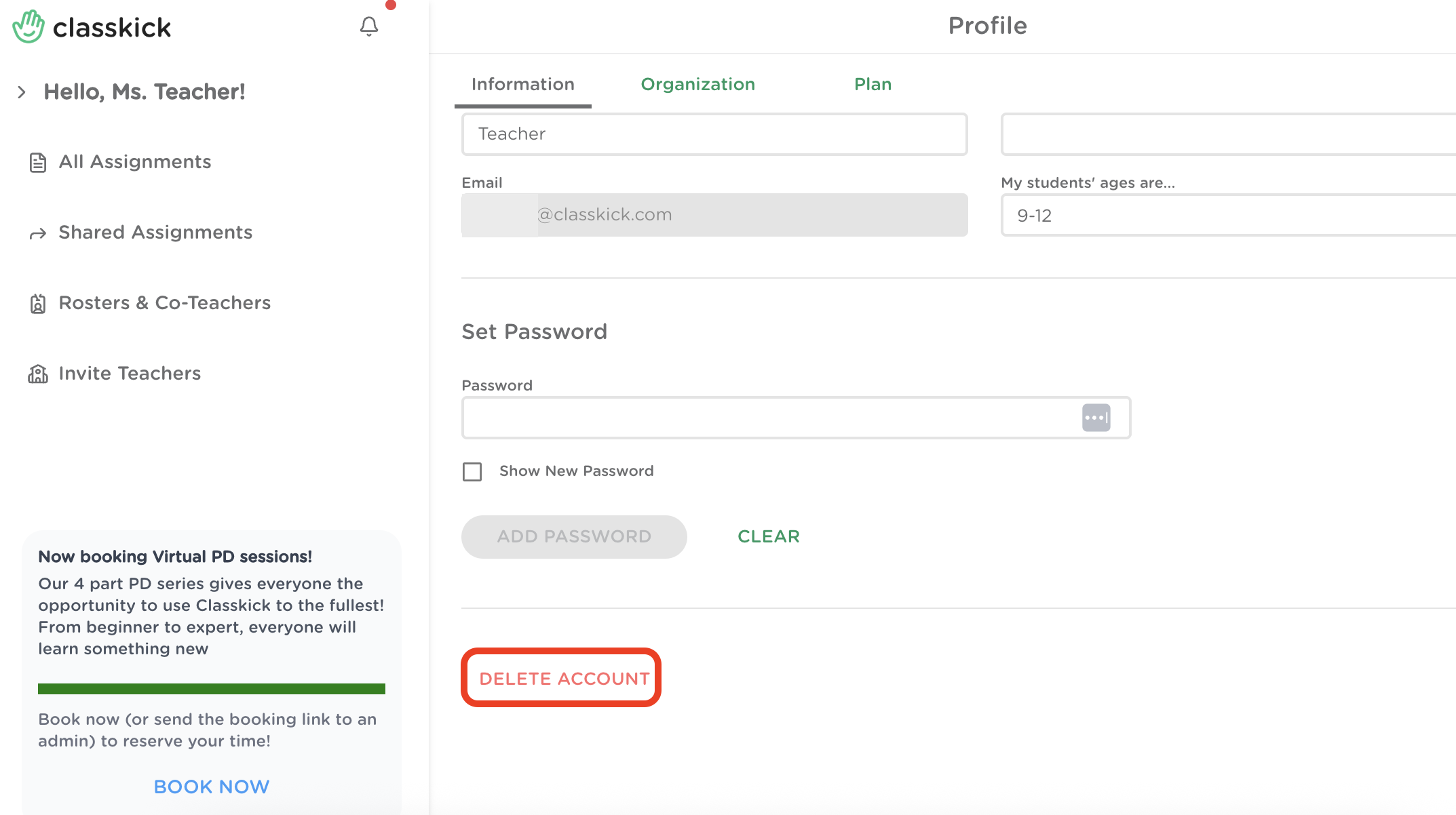 A teacher's profile view with the Delete account button highlighted at the bottom of the page.