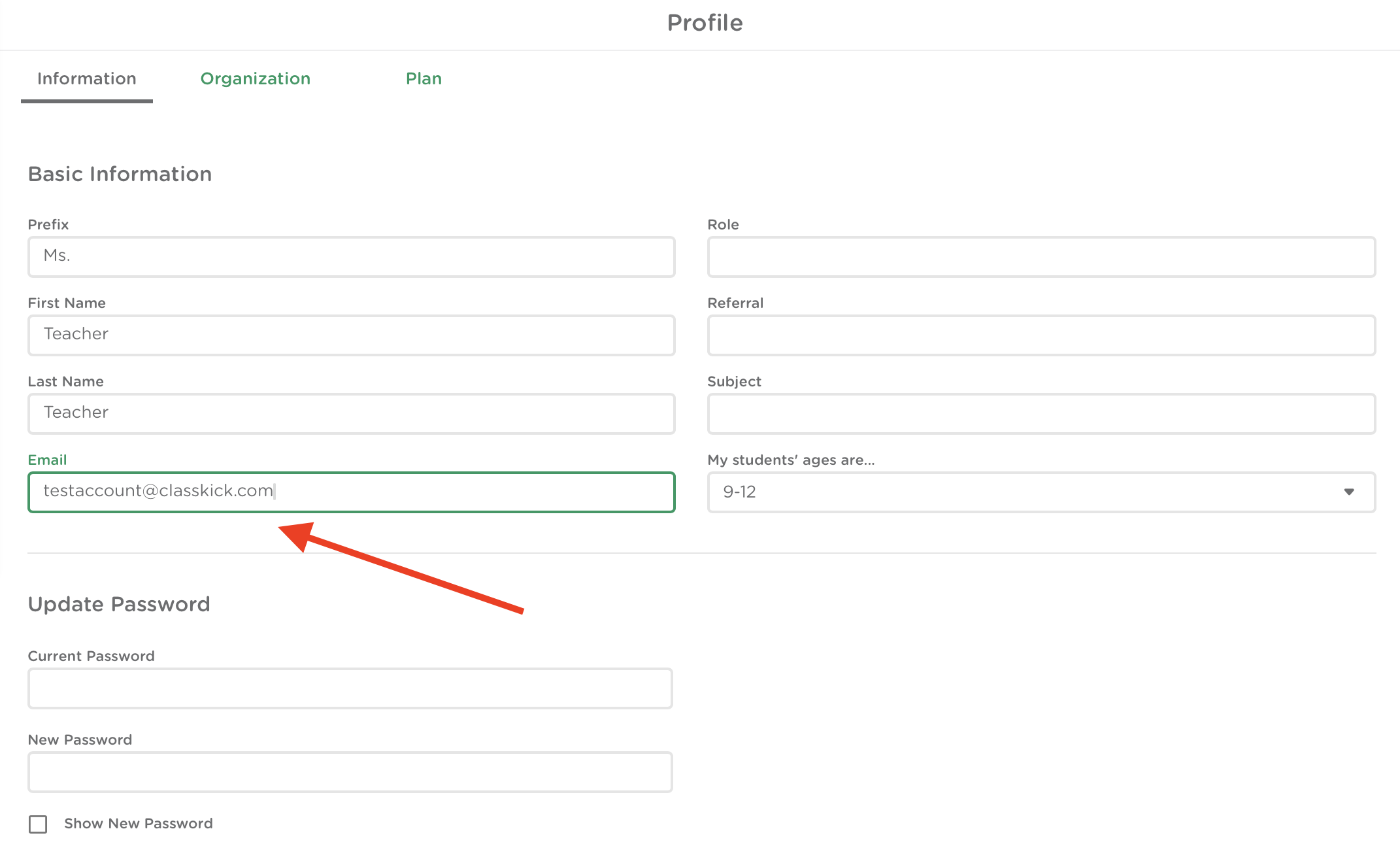 A teacher's profile view with the email text field highlighted.