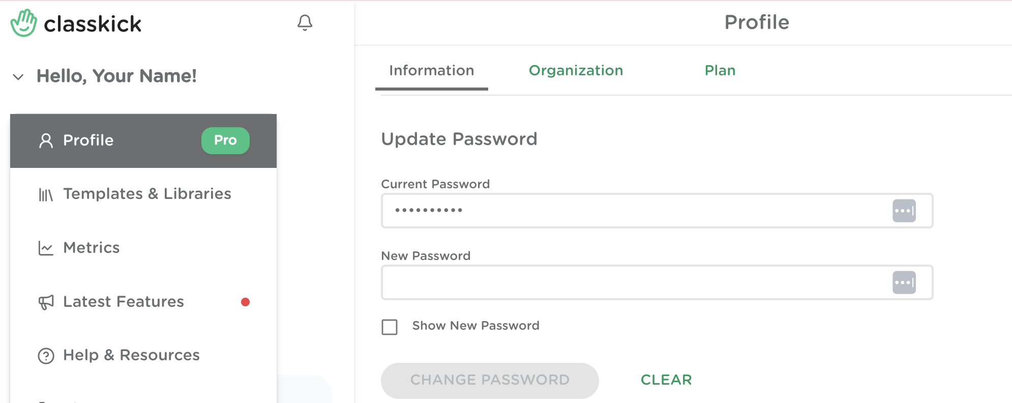 Teacher profile view with the update password section shown.