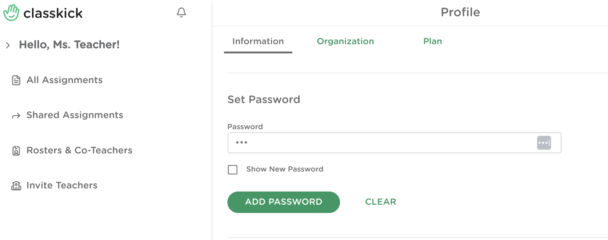 Teacher profile with the Set Password section shown and a text box where teachers can enter a password. 