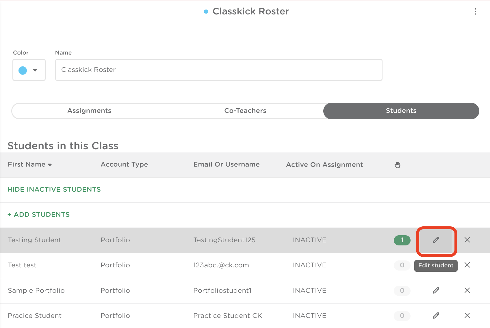 Roster view with the pencil icon, to edit a student, highlighted next to a student name.