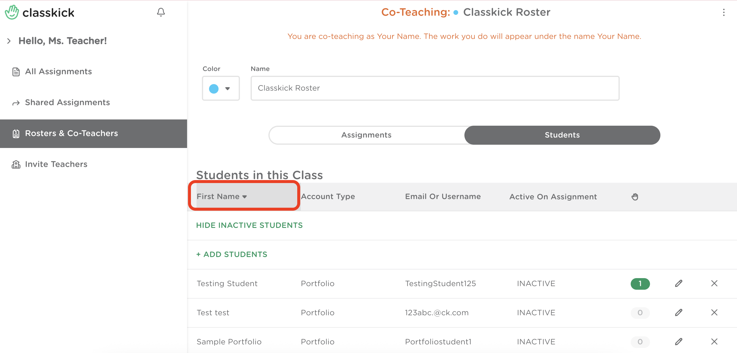 Roster view under the Students tab. The First Name header is highlighted.