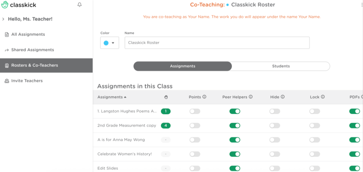 Classkick roster view for a teacher showing all assignments on that roster.