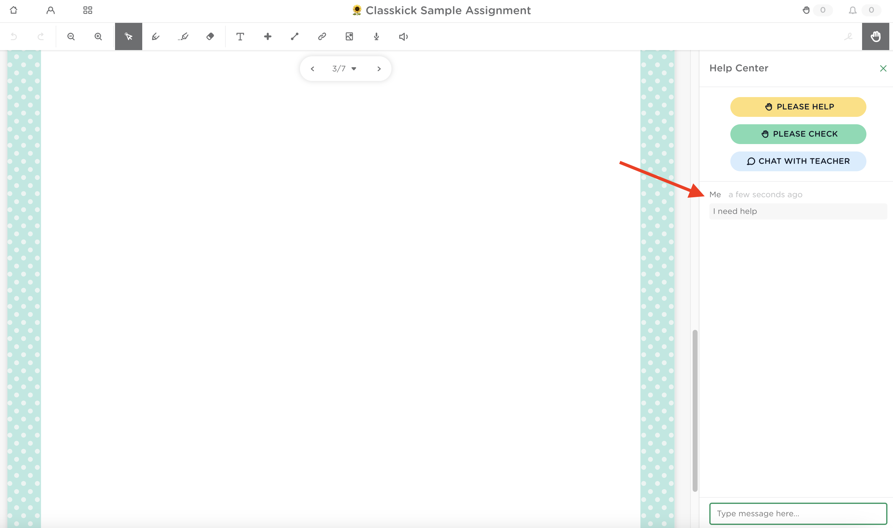 Student page view with the chat open in the sidebar. The student message says "I need help."