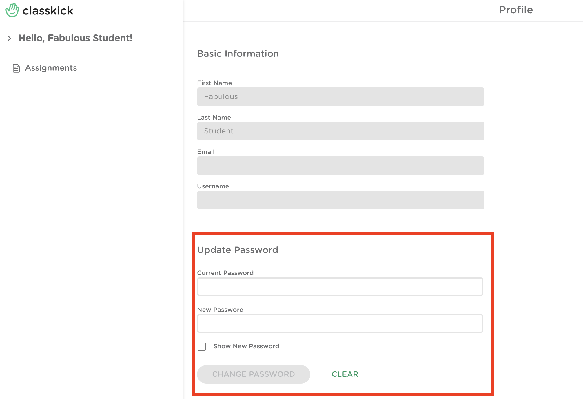 Student Profile showing the Update Password options.