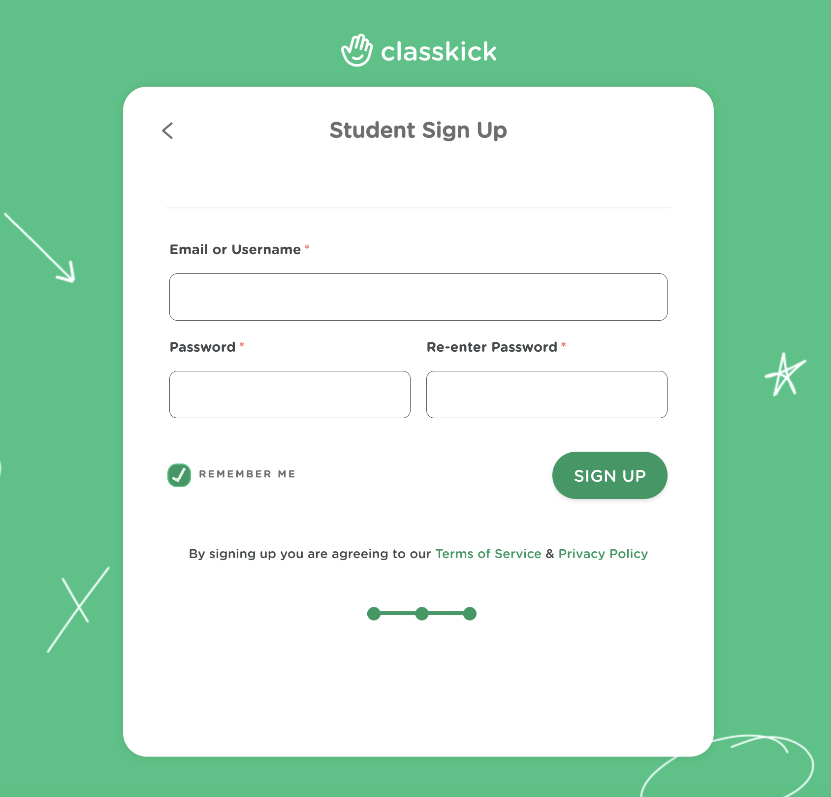 The student sign up page asking for an email or username and a password.