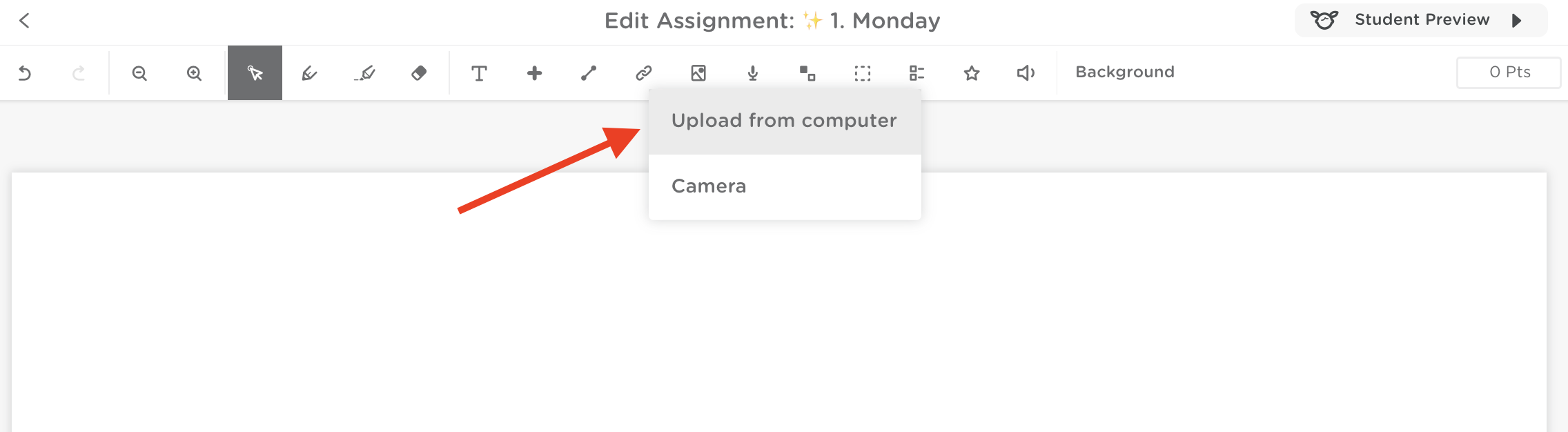 Classkick editor showing the image upload tool used to add additional files to an assignment