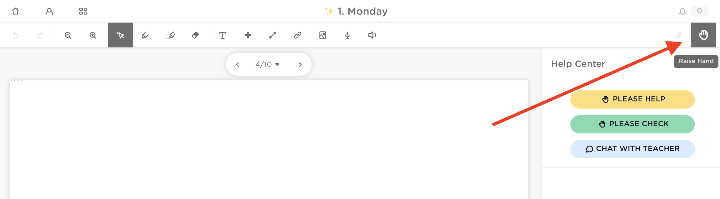 Student view in Classkick showing "Raise Hand" and help options on an assignment