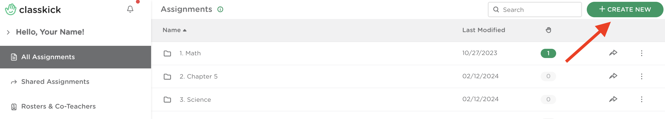 Classkick Assignments dashboard showing the "+ Create New" button used to upload or create a new assignment