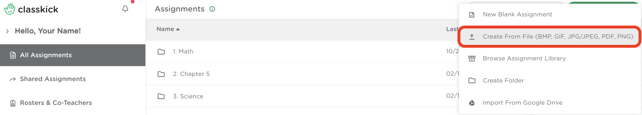 Dropdown menu in Classkick showing "Create from File" option for uploading assignments