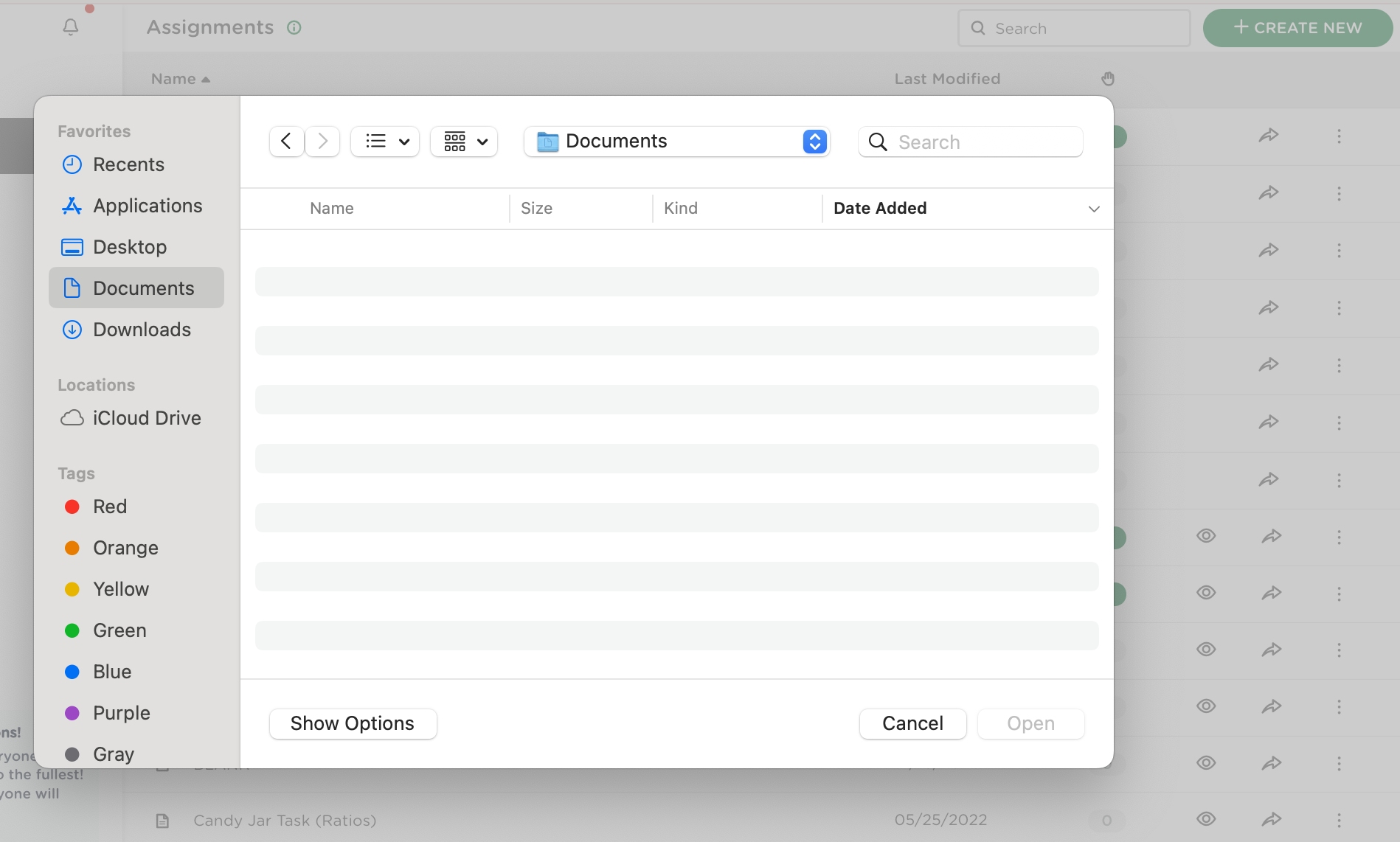 File selection window for uploading a document (PDF, PowerPoint, etc.) into a Classkick assignment