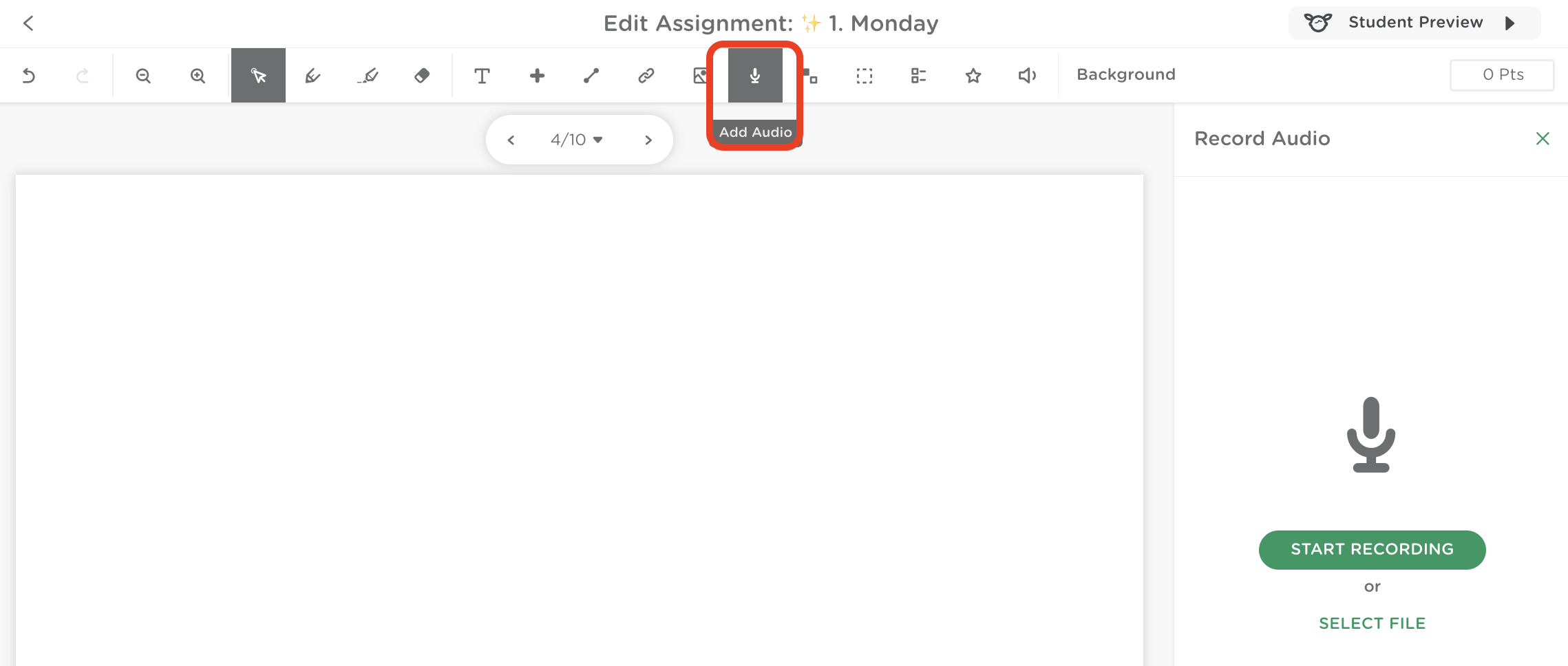 The teacher page of an assignment with the add audio tool highlighted. 