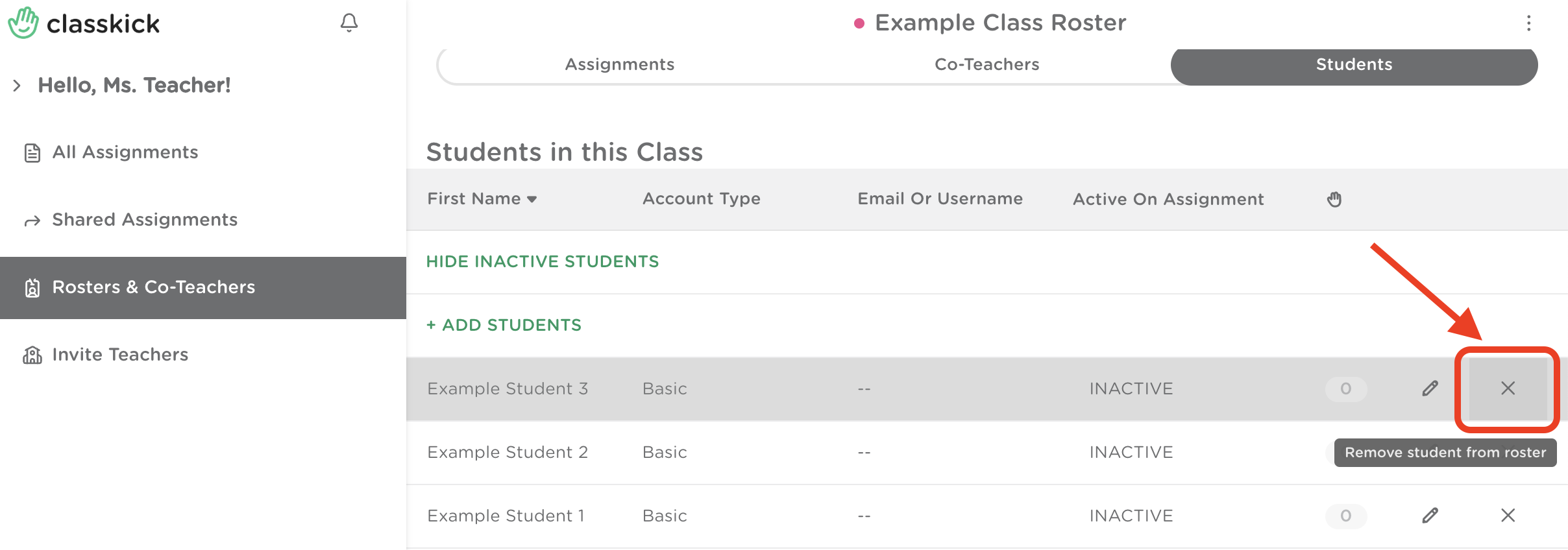 Roster page on the students tab. The x to the right to remove a student is hlighted.