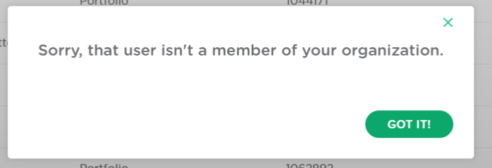 Error message popup indicating that the student is not part of the organization.
