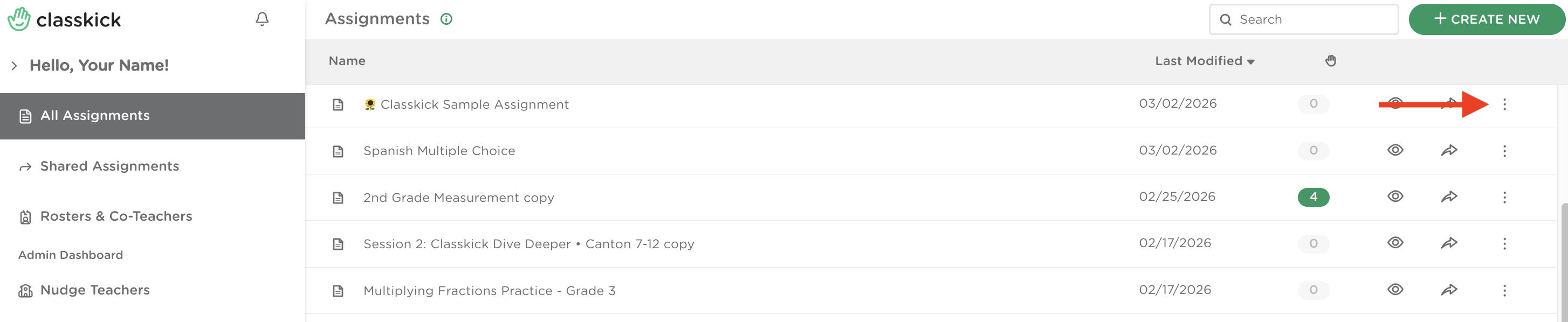 Three-dot menu next to an assignment with the "Delete" option highlighted