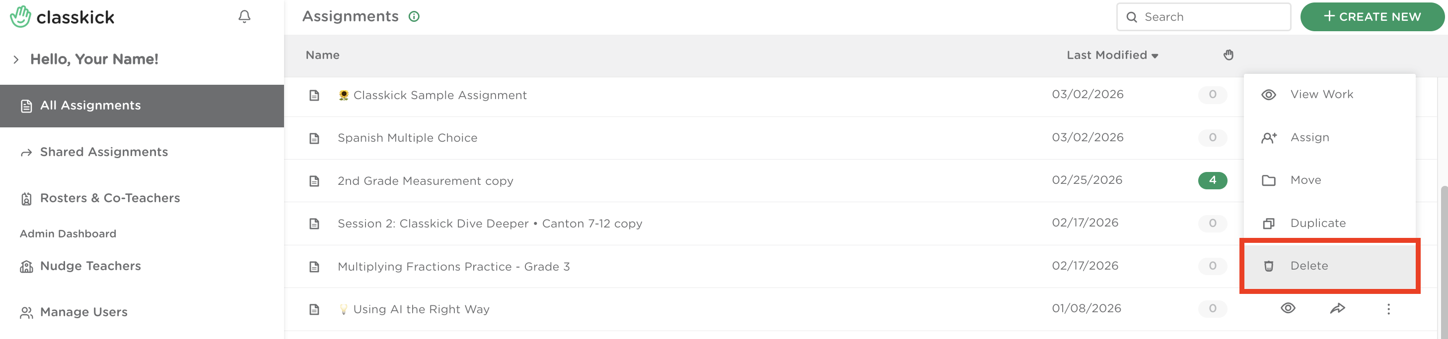 Three-dot menu next to an assignment with the "Delete" option highlighted