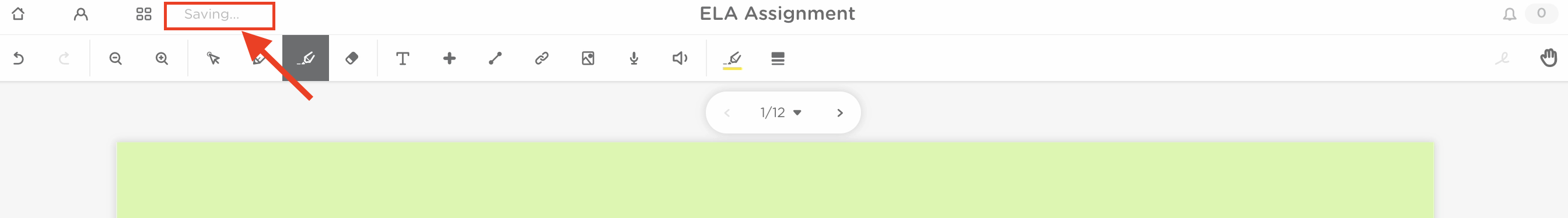 Classkick editor showing "Saving..." indicator when student or teacher work is being saved