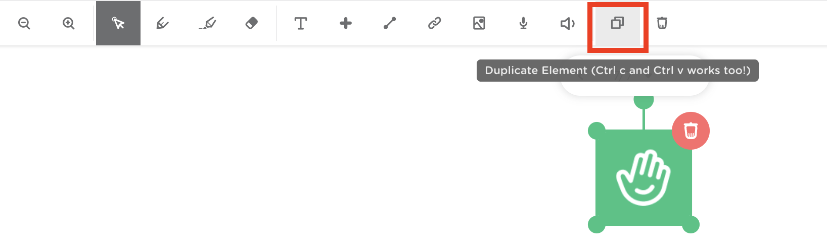Image on the canvas with the duplicate element icon highlighted in the toolbar.