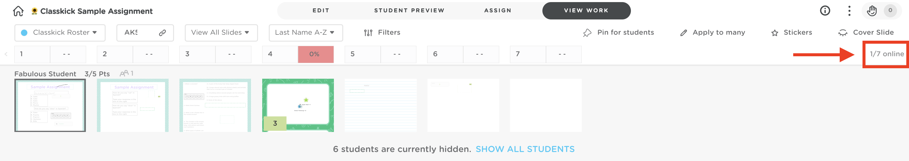 View Work tab on teacher account with only the online students visible.