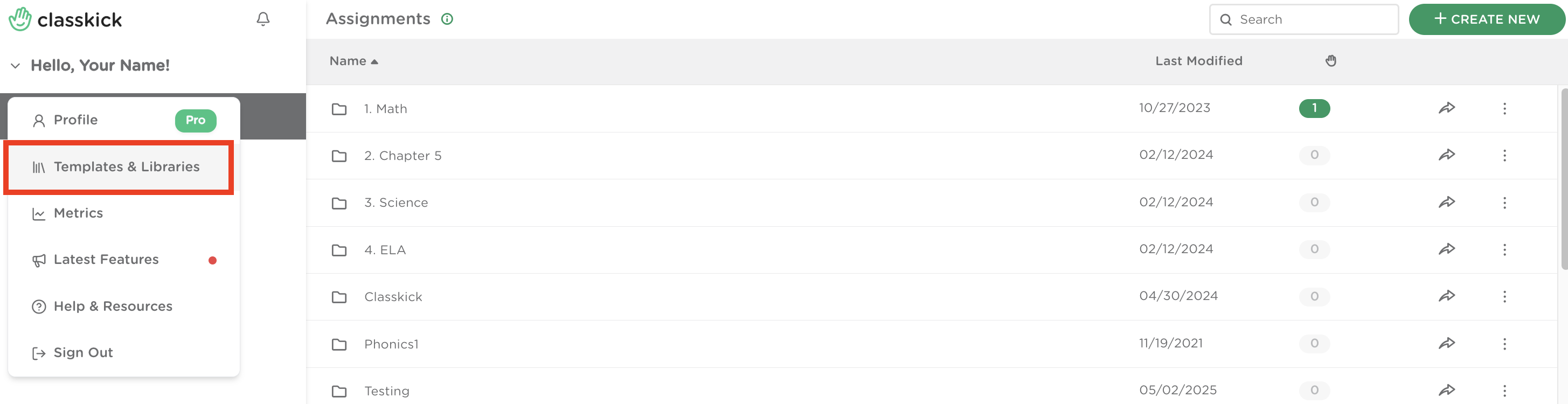 The Assignment page with the menu dropdown and the Templates and Libraries tab highlighted.