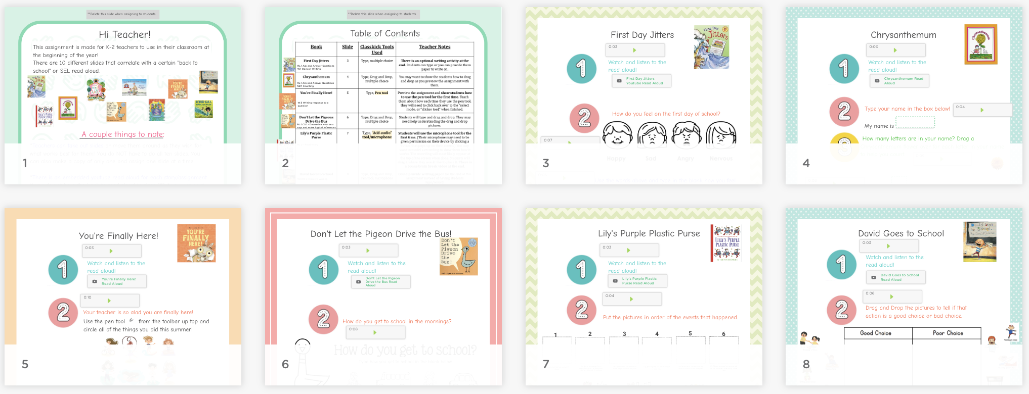 Preview of a K–2 read-aloud response assignment with slides showing story-based questions, drawing activities, and simple comprehension prompts.