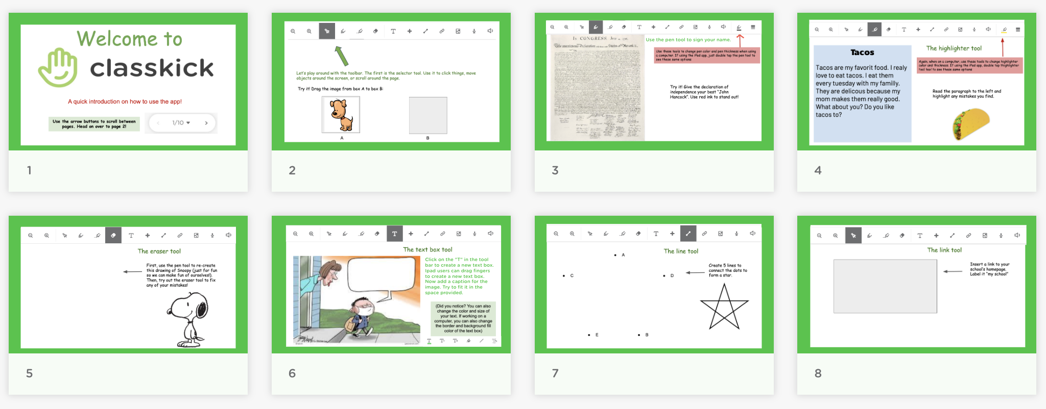 Preview of a Classkick Student Intro assignment with slides showing welcome screens, reading passages, drawing tools, and interactive student responses.