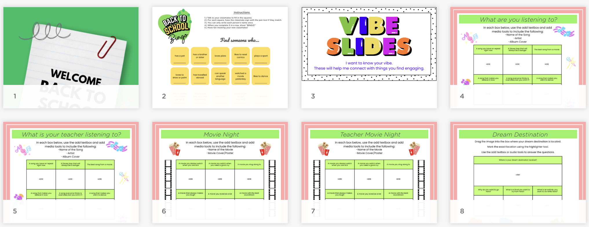 Preview of a middle school back-to-school assignment featuring slides with activities like “Find Someone Who,” “This or That,” music and movie prompts, and a dream destination reflection.