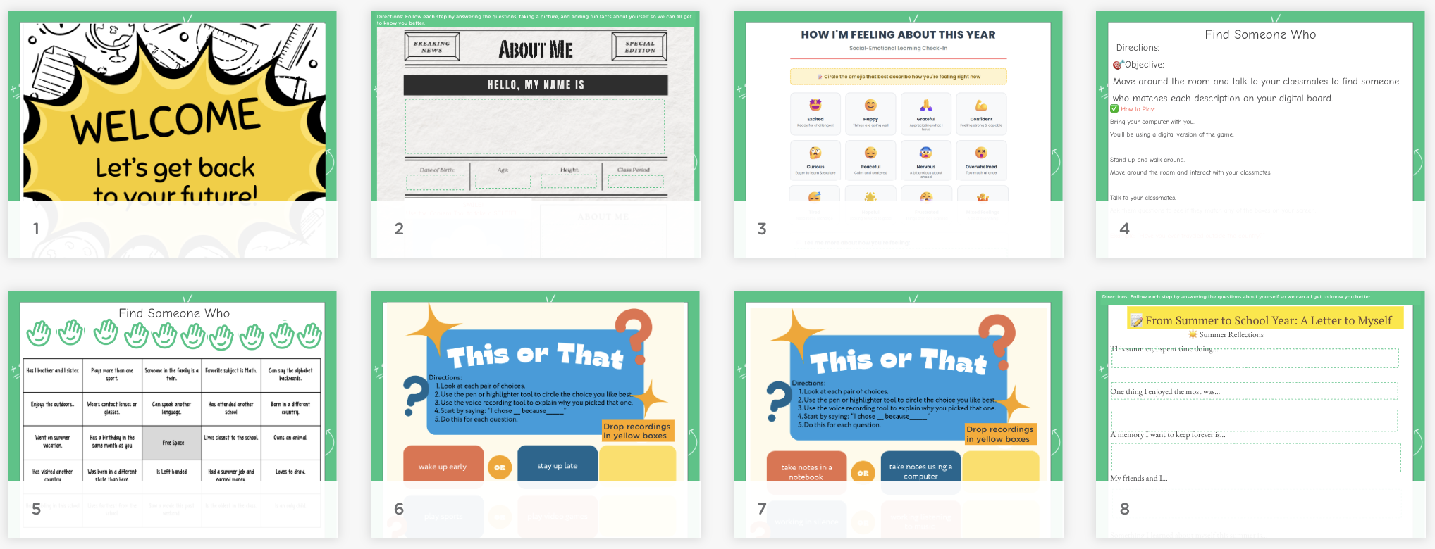 Preview of a high school back-to-school assignment with slides focused on reflection, “About Me” activities, discussion prompts, and interactive choices.