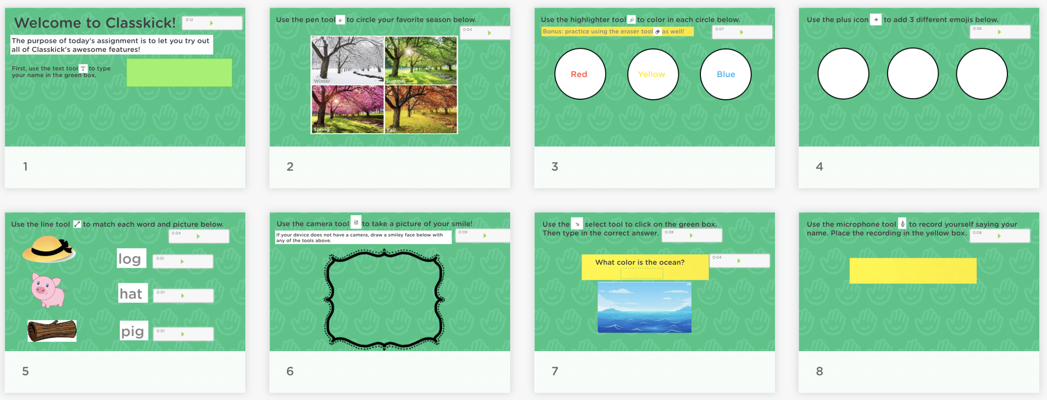 Preview of a Classkick beginner assignment for primary students with slides showing activities like typing a name, circling images, coloring shapes, matching words, and recording audio.