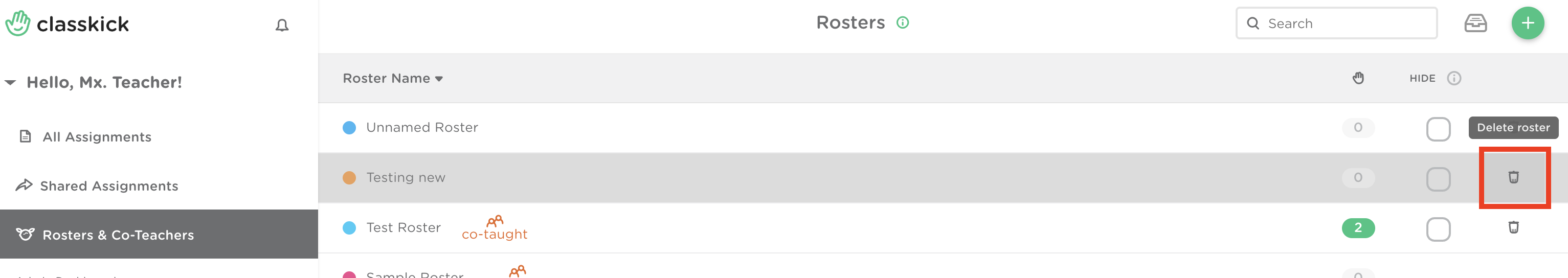 Rosters and Co-teachers page on a teacher account with the delete roster icon highlighted.