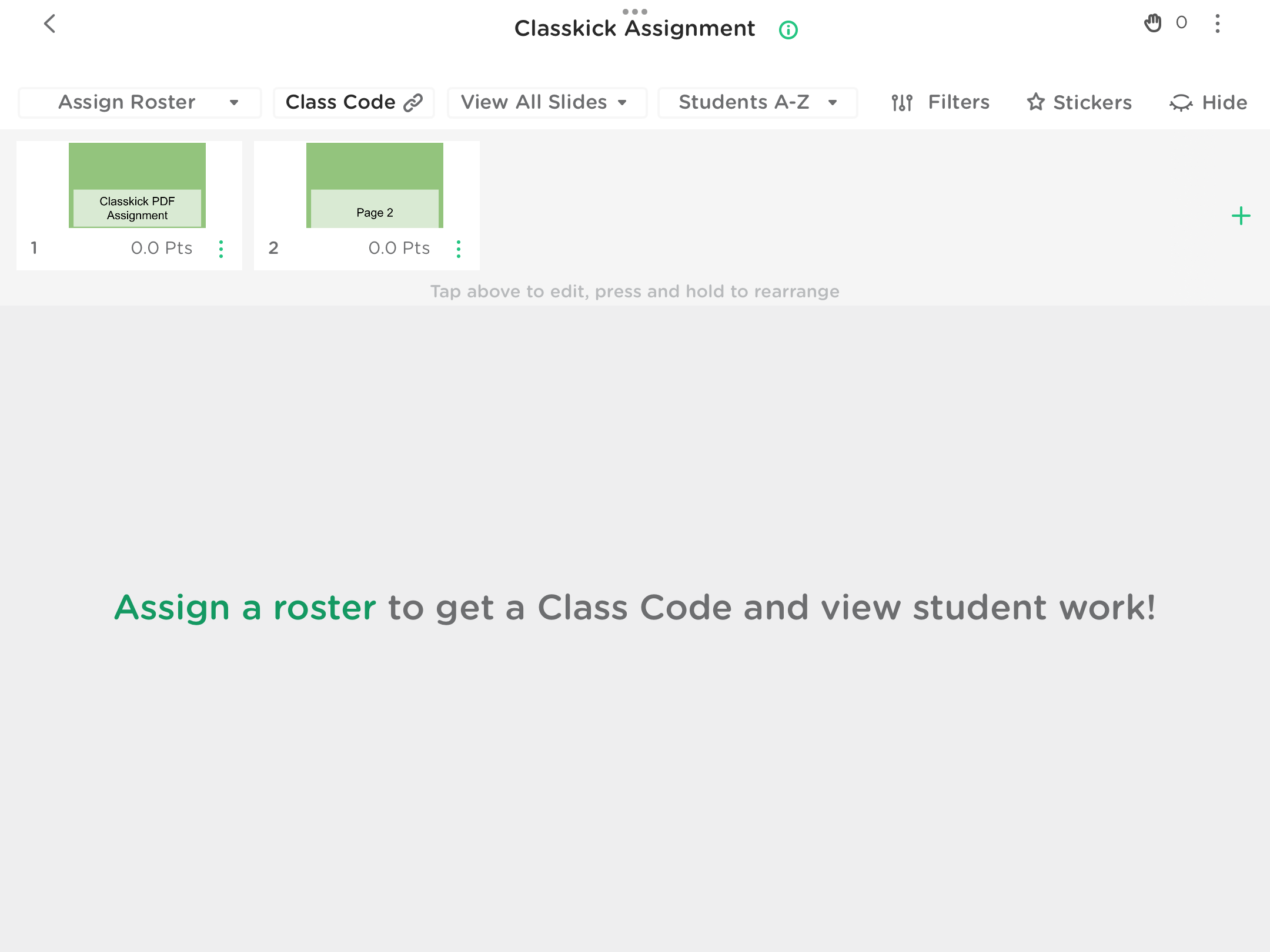 The view of a Classkick assignment after it has been imported from Google on iOS.