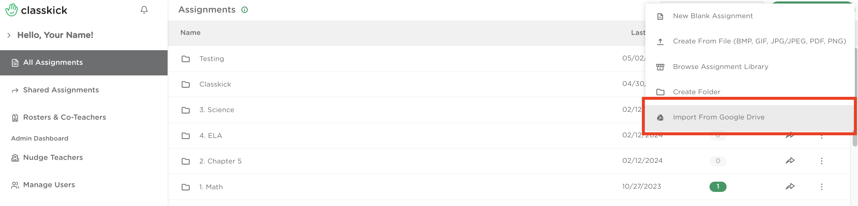 Assignments page for a teacher with the Import from Google Drive option highlighted in the dropdown menu on the right.