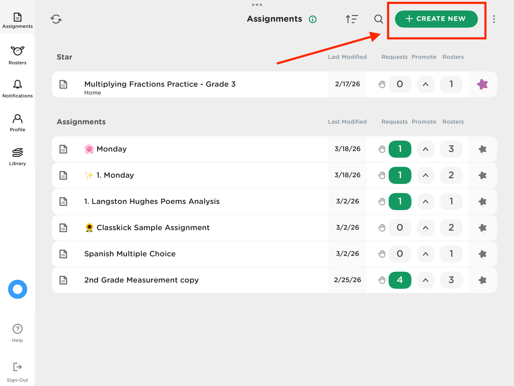 Classkick on iOS app assignments screen for teachers with the create new button highlighted.