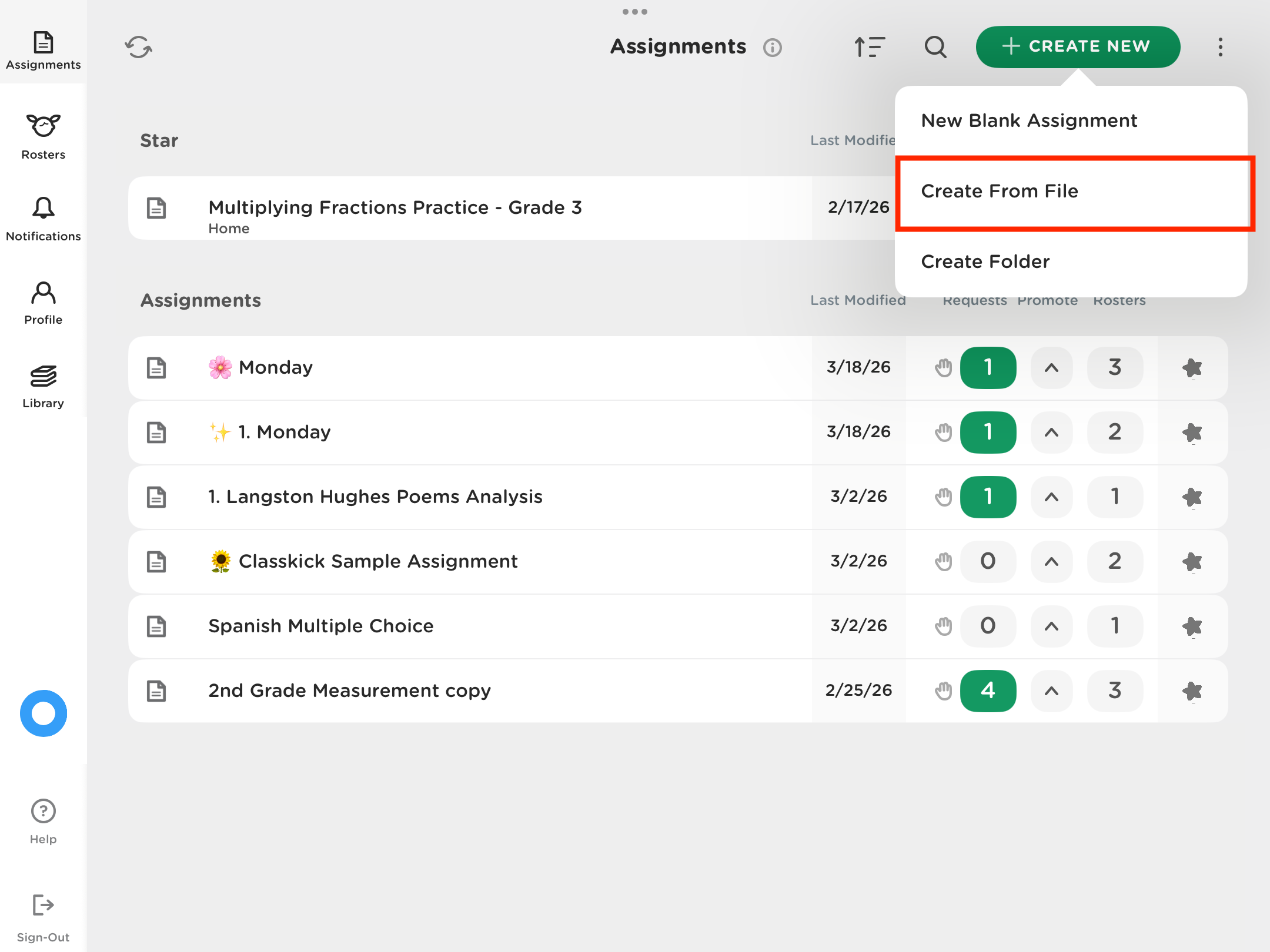 Classkick assignments page on iOS app with the Create from File button highlighted.