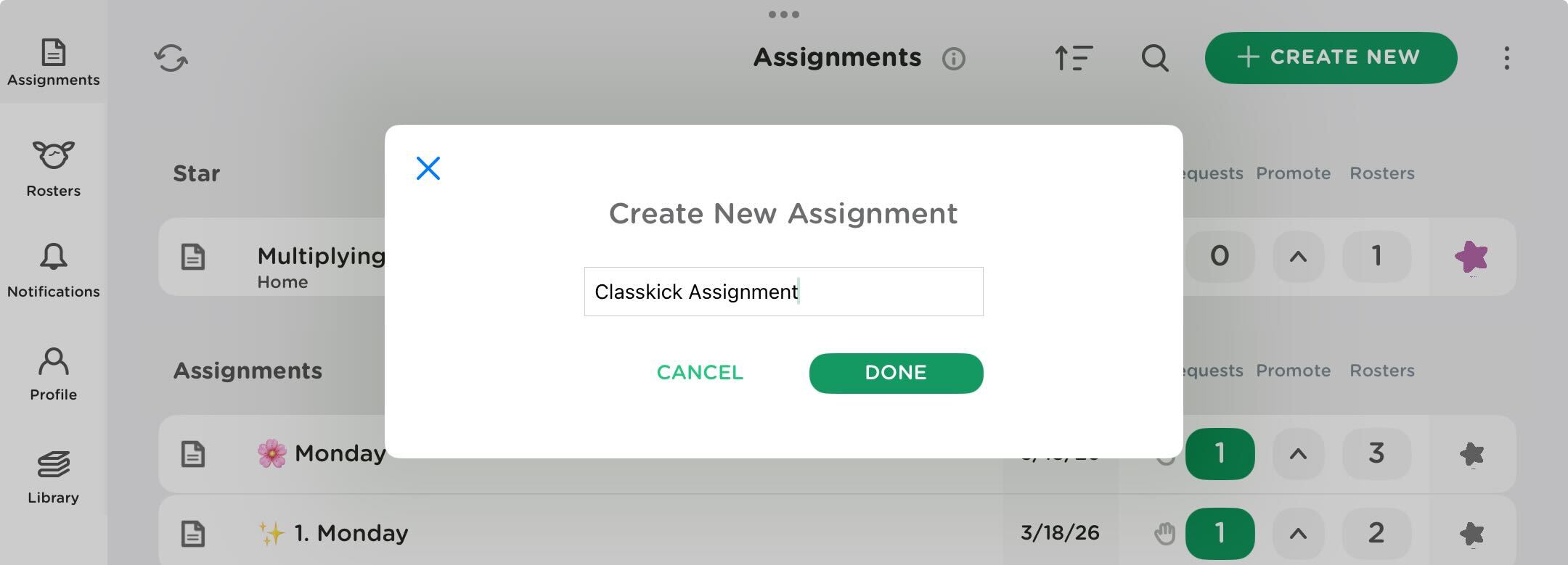 The create new assignment pop up window on the Classkick App. The user has titled this assignment Classkick Google Slides.