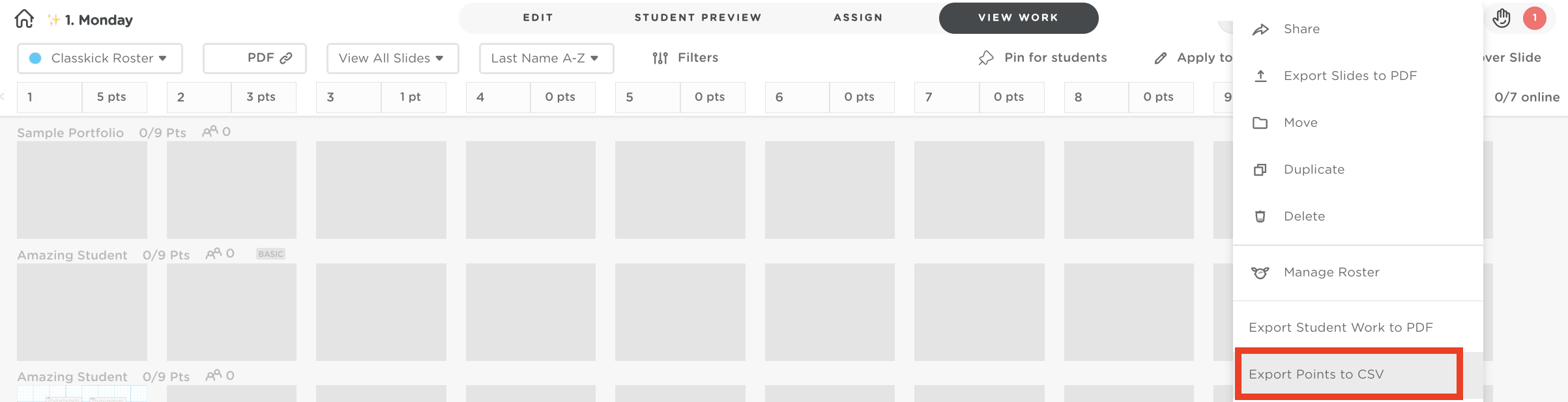 Teacher view on the View Work tab with the Export Points to CSV button highlighted in the dropdown menu.