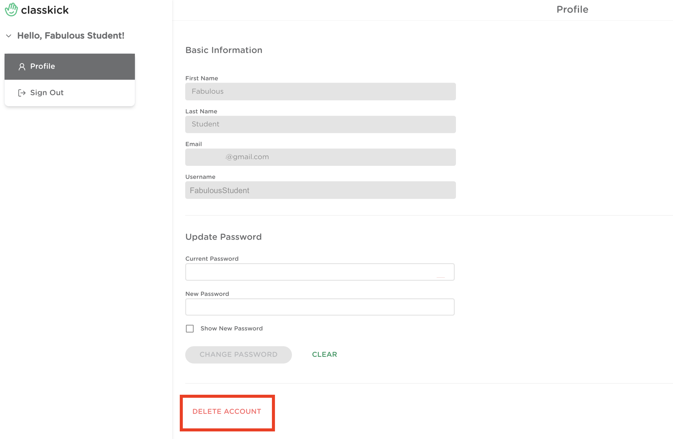 Student profile page with the delete account option highlighted.