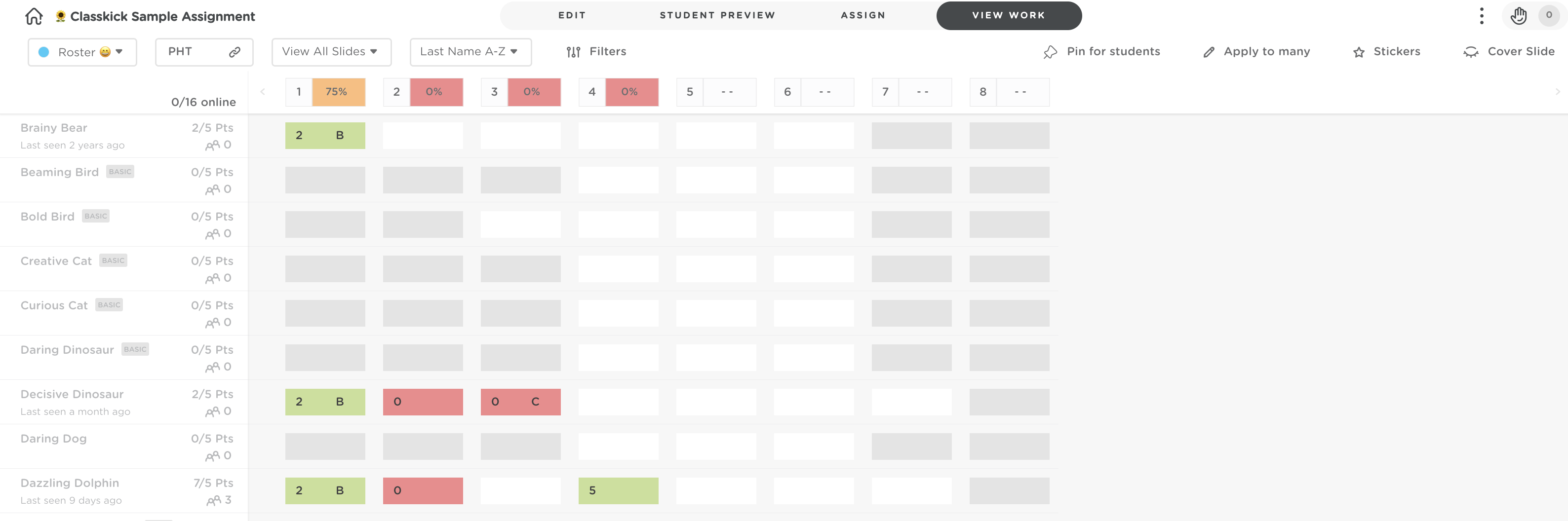 View Work grid with many student thumbnails minimized to show more students at once, with color indicators for progress or scores.
