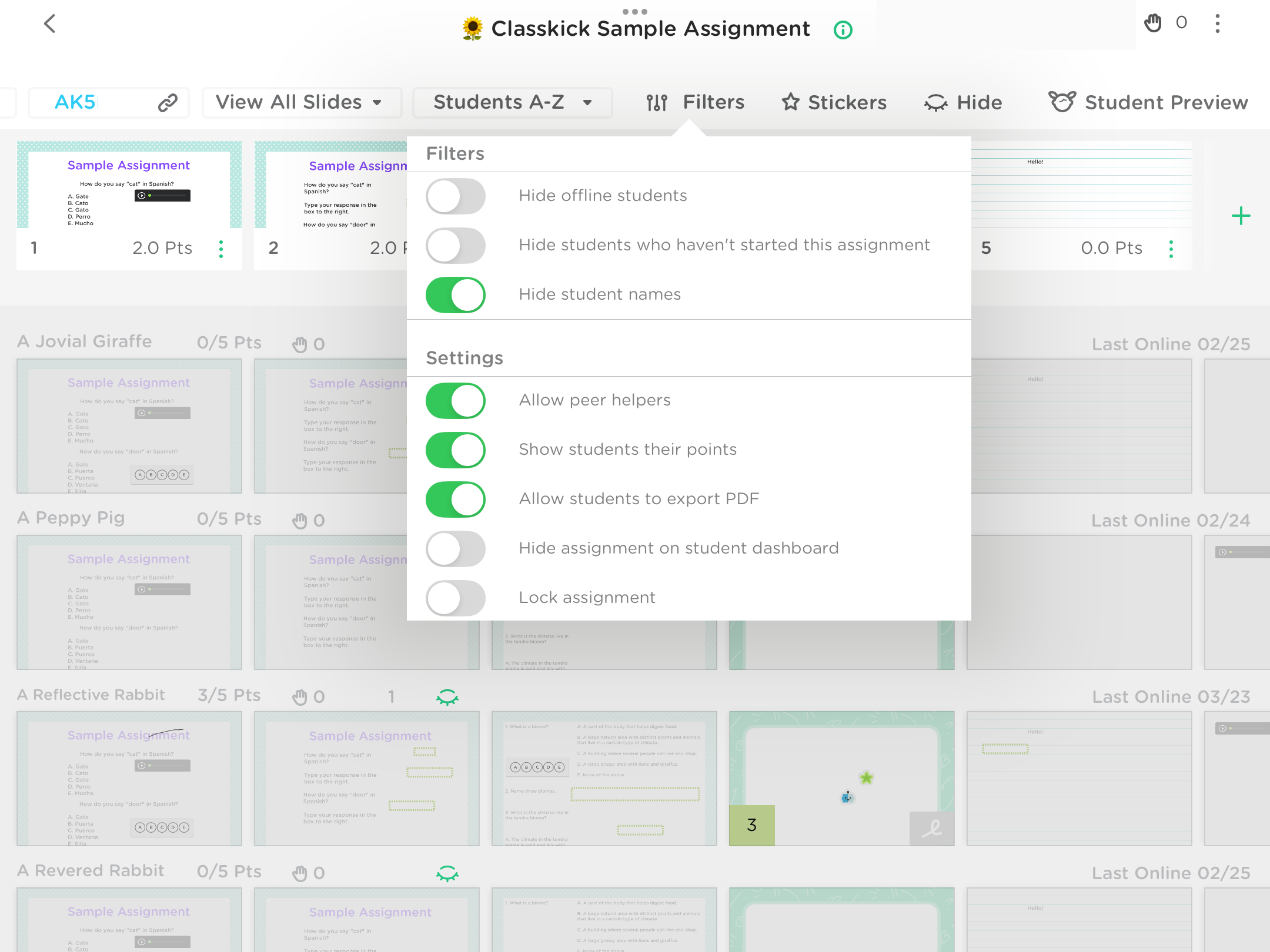 Classkick View Work screen on iOS displaying the Filters panel with toggle options such as hide offline students, hide student names, and enable peer helpers.