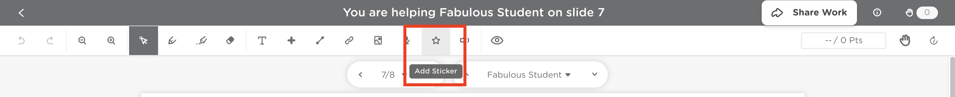 Classkick View Work screen showing the toolbar with the Add Sticker (star) icon highlighted