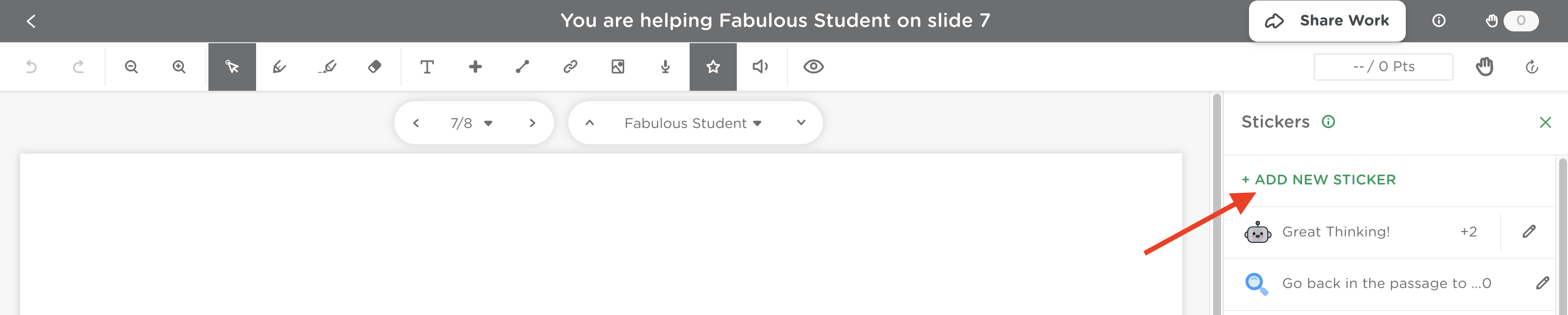 Sticker panel in Classkick with the “Add New Sticker” button highlighted on the right side of the screen