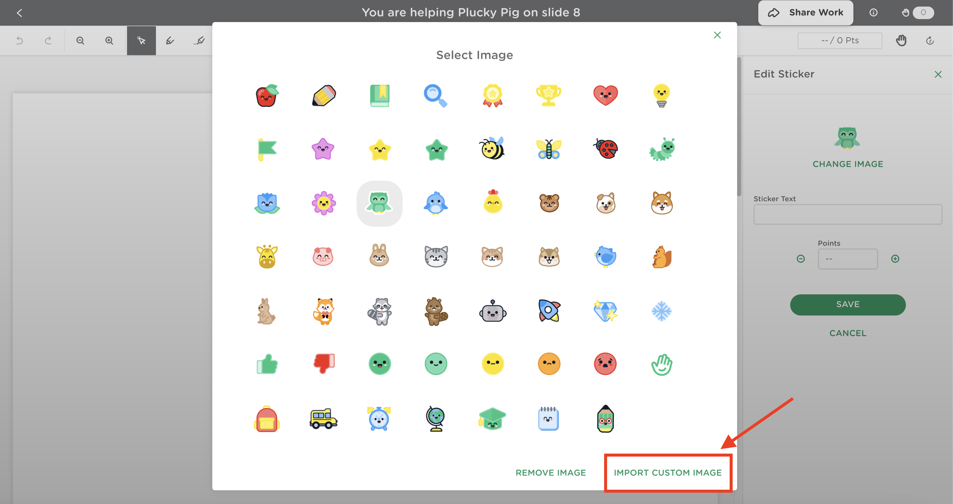 Sticker selection window showing the “Import Custom Image” button for uploading custom stickers