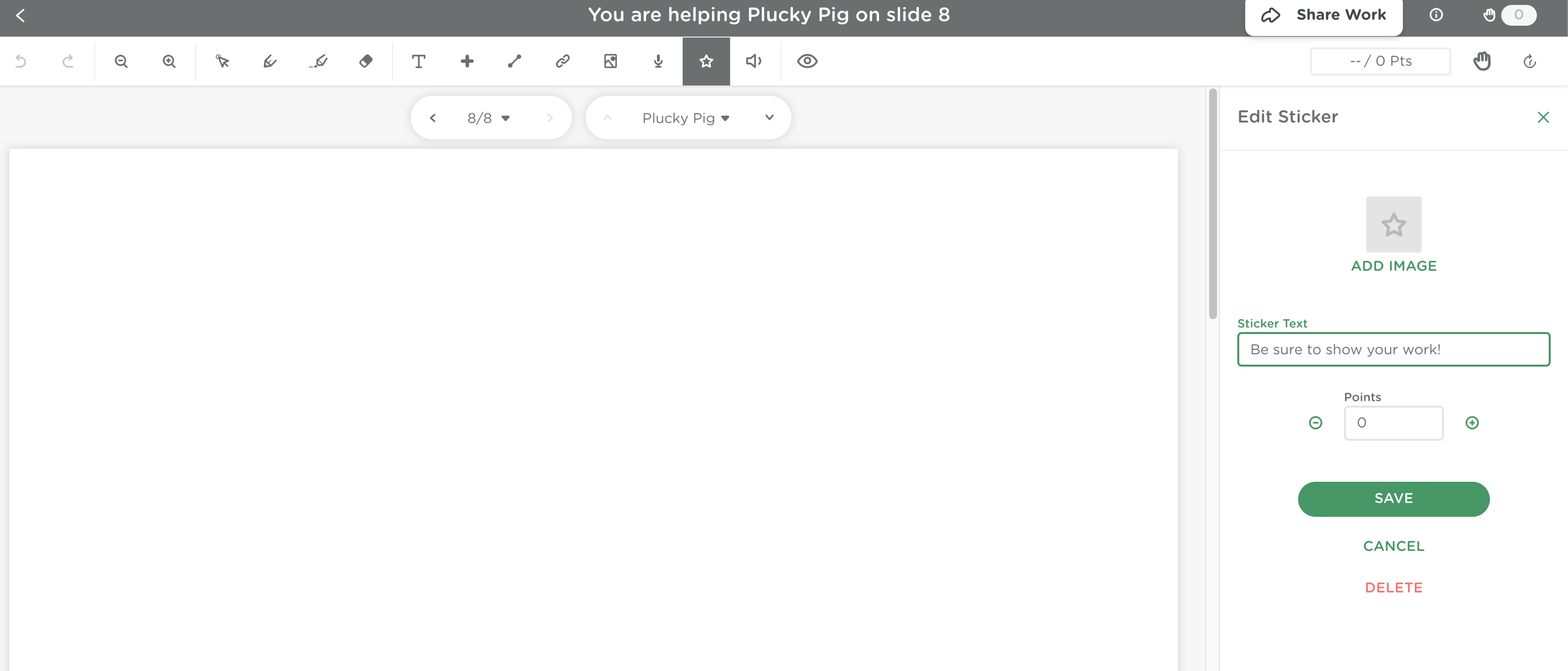 Classkick slide showing a text-only sticker applied without an image