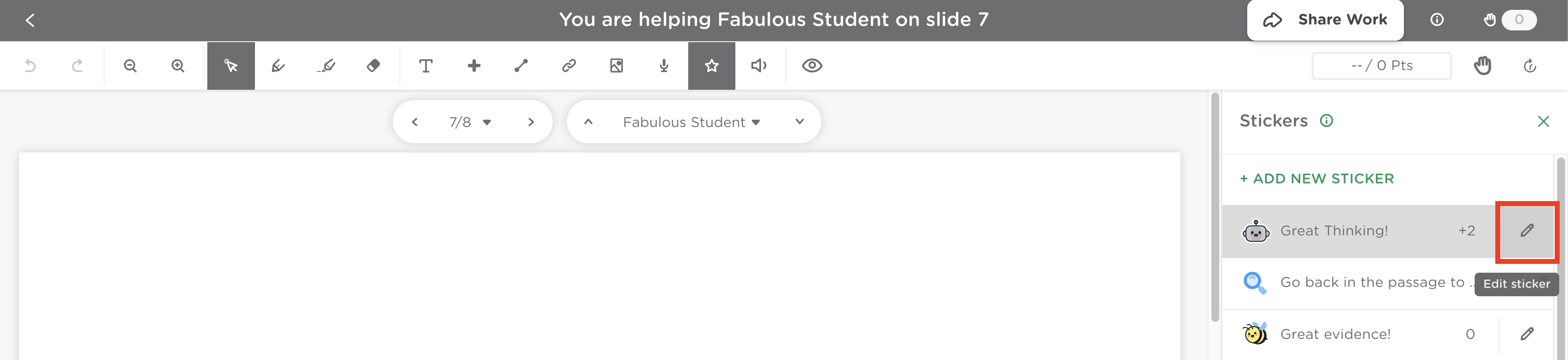 Sticker library with the edit (pencil) icon highlighted next to an existing sticker