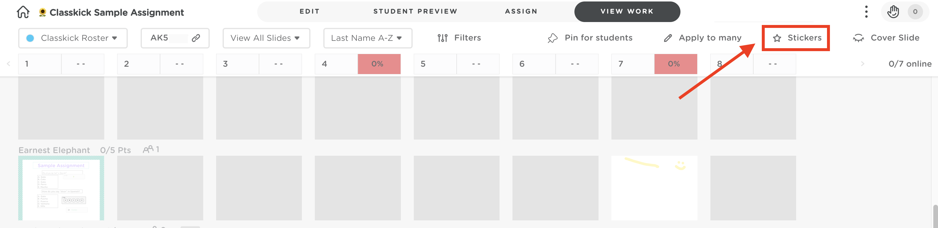 Classkick View Work screen with the Stickers button highlighted in the toolbar.