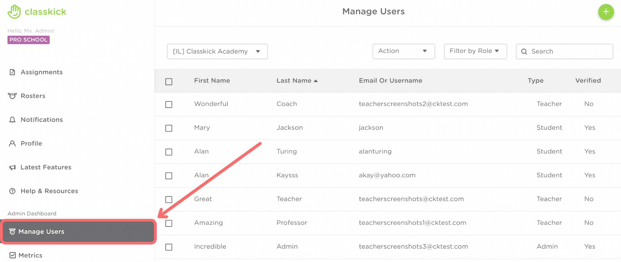 A screenshot of the manage users dashboard for Classkick admin. A red arrow points to the manage users tab, which is highlighted in gray and outlined in red on the left hand side.

